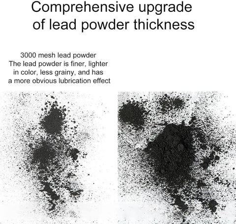 Fine lead powder comparison showing different thickness and lubrication effect explained in text overlay.