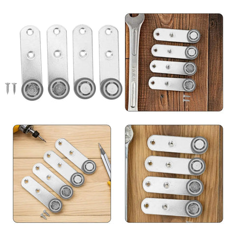 Buttery Smooth 4 Pack Sliding Door Pulley Wheels With Silent Rubber Bottom Rollers And Rock Solid Construction For Easy Side Mount Closet Barn Door Track Hardware Replacement, displayed on a wooden surface with screws.