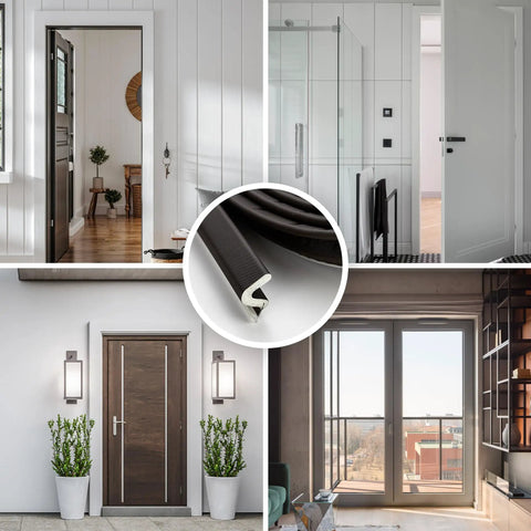 Slap On This Foolproof Door Weather Stripping To Kick Chilly Drafts To The Curb Featuring A Tight V Shaped Kerf Seal That Blocks Light Noise And Wind While Keeping Your Cozy Home Insulation Secure For 26 FT In Brown in various door settings.