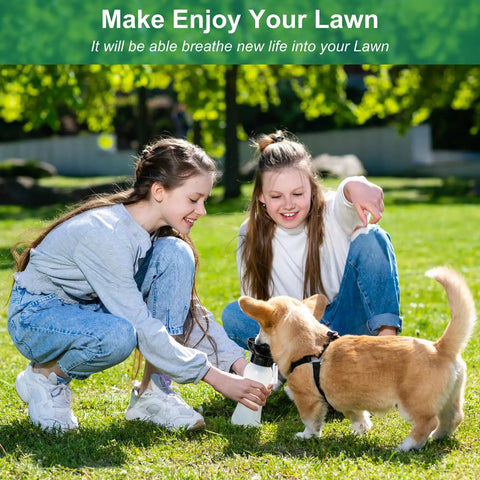 Two girls playing with a dog on green lawn, wearing Heavy Duty Lawn Aerator Shoes With Spikes Easy Wear Hook And Loop Straps Preassembled.