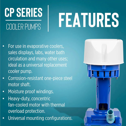 Evaporative Cooler Pump For Swamp Coolers And Lab Water Circulation 230 Volt 563 Gallons Per Hour with features text