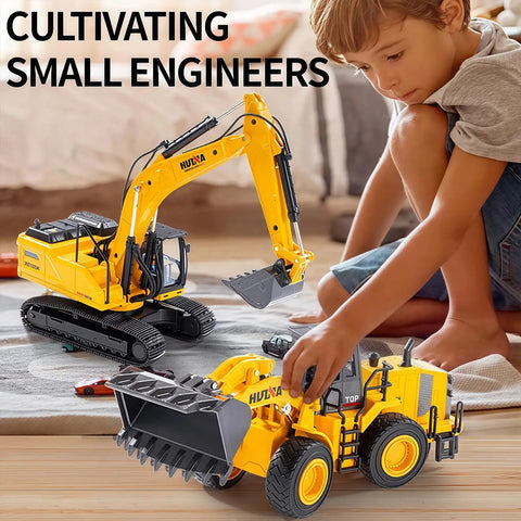Child playing with a Large Wheeled Loader Heavy Duty Construction Metal Bulldozer Toy for Kids Outdoor Sandbox Car Toys Birthday Gift.