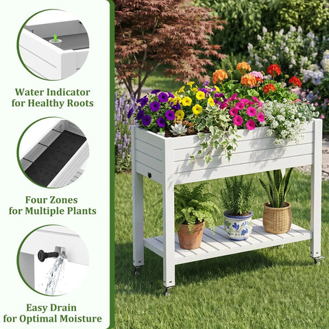 Raised Garden Bed On Wheels With Storage Shelf And Water Level Monitor, elevated planter with flowers, grayish white in garden