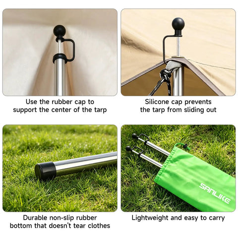 Adjustable Heavy Duty Tarp Poles Set Of 2, 90 Inch Telescoping Camping Poles with rubber and silicone caps on grass