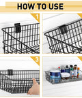 Installation steps for 2 Pack Slatwall Baskets Heavy Duty Metal Wire Mounted Hanging Storage Display Baskets in black.