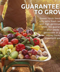 Farmer pushing wheelbarrow filled with assorted vegetables under the text 'Guaranteed to Grow.'