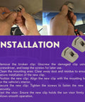 Instruction guide showing installation of Ford Focus Sun Visor Clip Retainer Replacement Part YS4Z 5404132 AAA with tools and clip.