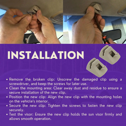 Instruction guide showing installation of Ford Focus Sun Visor Clip Retainer Replacement Part YS4Z 5404132 AAA with tools and clip.