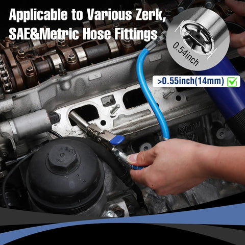 Beefed Up Quick Release Grease Gun Coupler Set With 2 Couplers 2 Grease Needles And 2 12 Inch Hoses 10000 PSI Locking Seal For Zerk 1 Eighth NPT Fittings Heavy Duty in use on a car engine, detailing compatibility with hose fittings.