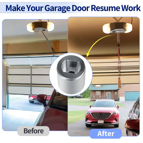 Aluminum Screw Drive Coupler 30257T for Garage Door Opener Replacement Connects Motor to Screw Drive Rail Durable Upgrade for DIY Home Openers Easy Install, shown before and after installation.