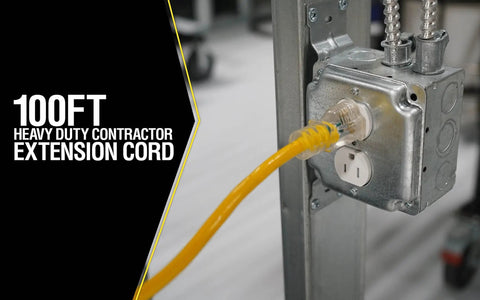 Rugged Heavy Duty Outdoor Extension Cord With Lighted End For Tools And Equipment 100 Foot 14 Gauge SJTW Jacket Plugged into Outlet