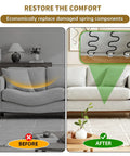 Before and after comparison of sofa spring repair showing outdated sagging couch and newly repaired couch with Complete Couch Upholstery Spring Repair Kit With 8 Tough 25 Inch Sofa Springs And 50 Foot Stay Wire To Stop Saggy Sofas Dead Cold And Get Your Favorite Furniture Back In The Saddle.