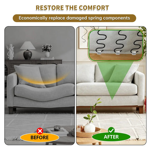 Before and after comparison of sofa spring repair showing outdated sagging couch and newly repaired couch with Complete Couch Upholstery Spring Repair Kit With 8 Tough 25 Inch Sofa Springs And 50 Foot Stay Wire To Stop Saggy Sofas Dead Cold And Get Your Favorite Furniture Back In The Saddle.