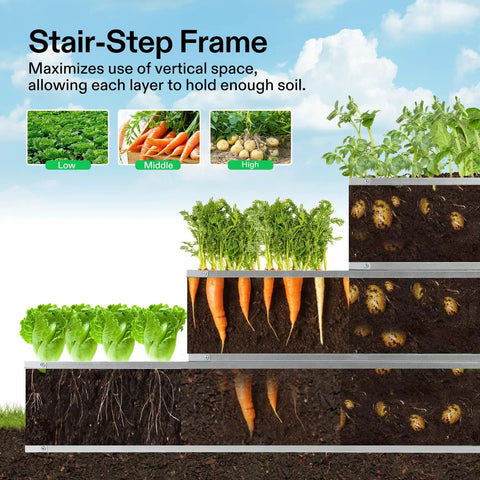 Three Tier Metal Raised Garden Bed 46 By 46 By 24 Inches Galvanized Steel Outdoor Planter Box Stair Step Design for optimal soil use