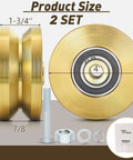 Solid 4 Inch V Groove Gate Wheel Set Heavy Duty Sliding Gate Rollers One And Three Quarters Inches Width Caster Wheels With 2500 Lbs Capacity Screw Mount Double Bearing Pair Two Sets side and front view, showing dimensions and parts included.