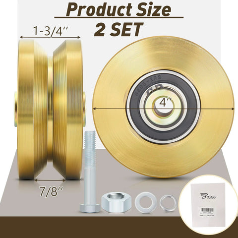 Solid 4 Inch V Groove Gate Wheel Set Heavy Duty Sliding Gate Rollers One And Three Quarters Inches Width Caster Wheels With 2500 Lbs Capacity Screw Mount Double Bearing Pair Two Sets side and front view, showing dimensions and parts included.