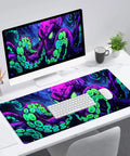 Neon Cthulhu Monster Extended Desk Pad For Gaming And Work, Extra Large 31.5 By 11.8 Inches, shown with keyboard on desk