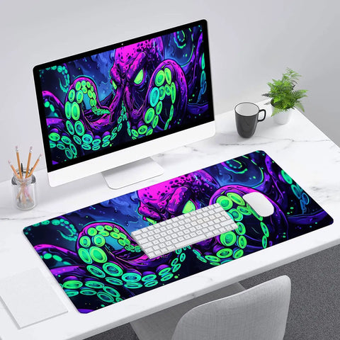 Neon Cthulhu Monster Extended Desk Pad For Gaming And Work, Extra Large 31.5 By 11.8 Inches, shown with keyboard on desk