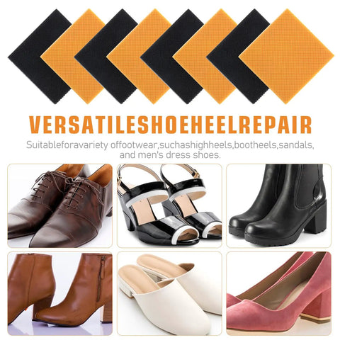8 Pack High Heel Patches Rubber Heel Caps Non Slip Tread Pads Replacement Square Soles For Heels Durable Anti Slip Protectors For Boots And Shoes Easy Install 6.2x6.2x0.4 cm with examples of shoes they can be used on.