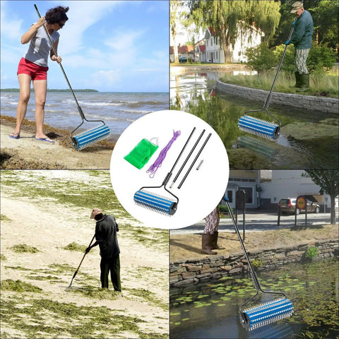 Heavy Duty Twelve Foot Lake Roller Weed Cutter And Pond Aquatic Plant Grabber With Lightweight Aluminum Pole, used in various water settings.