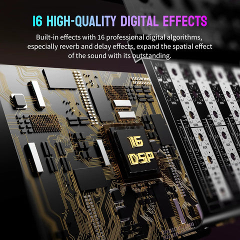 Close-up of circuit board showing 16 DSP effects for Six Channel Bluetooth Audio Mixer with 16 DSP Echo Effects and 7 Band EQ.