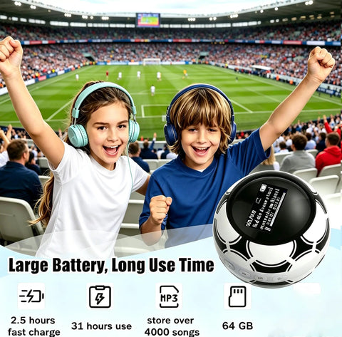 Kid Friendly Soccer Ball MP3 Player With 64GB Storage And Bluetooth 5.0 Built In Speaker FM Radio Recording Pedometer Includes Headphones And Lanyard Perfect Gift For Soccer Fans On Match Day, children cheering in stadium