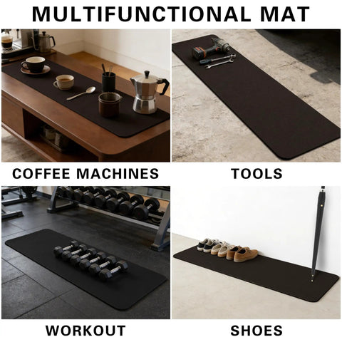 Heavy Duty Floor Protection Mat For Electric Scooter 51 By 16 Inches Absorbent And Flexible Non Slip Durable Shielding Floors From Dirt Scratches And Moisture At Home Office Garage shown with various uses including coffee machines, tools, workout, and shoes.