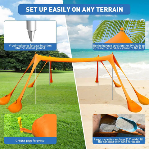 Image showing Beach Tent Sun Shelter 10x10ft Easy Pop Up Canopy With UPF50 Plus Protection on grass and sand with pegs and sandbags.