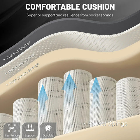 Close-up of Massage Office Chair With Foot Rest And 3D Kneading Heat showing pocket springs, premium leather, and breathable layers.