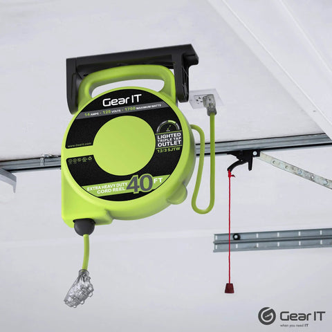 40 Foot Retractable Extension Cord Reel With 12 AWG 3 Conductor SJTW Cable mounted on ceiling in garage