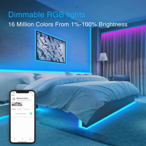 33 Feet LED Strip Lights With App Control And Voice Assistant Compatibility RGB Color in modern bedroom decor