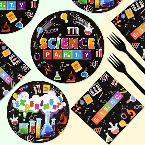 96 Piece Science Party Tableware Set With 24 9 Inch Plates 24 7 Inch Plates 24 Napkins And 24 Forks Durable 350 GSM Disposable Dinnerware