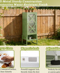 Heavy Duty Outdoor Storage Cabinet In Sage Green With Waterproof Rust Resistant Steel Construction, shown in garden