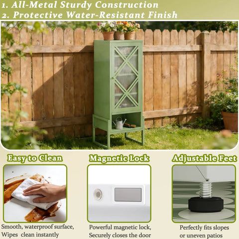 Heavy Duty Outdoor Storage Cabinet In Sage Green With Waterproof Rust Resistant Steel Construction, shown in garden