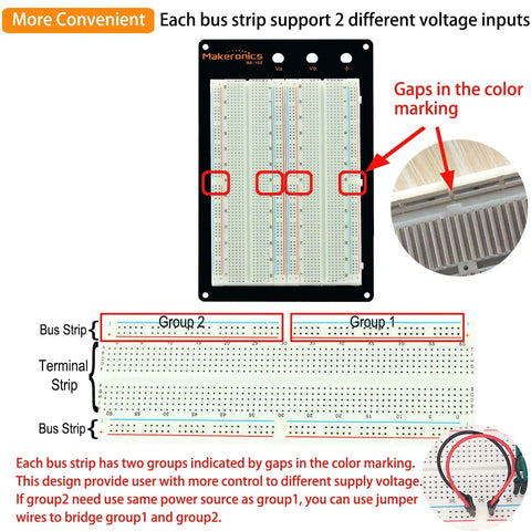 Solderless 1660 Breadboard Super Kit With Aluminum Back Plate showing bus strip with gaps, terminal strip, and jumper wires for circuits.