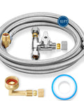 Dishwasher Installation Kit With Ten Foot Stainless Steel Braided Hose And Food Grade PEX Water Line For Easy Install Includes Tee Stop Valve And Three Eighth Inch Fittings For Universal Connection To Most Dishwashers Like Bosch Samsung GE LG Whirlpool. Stainless hose and fittings displayed.