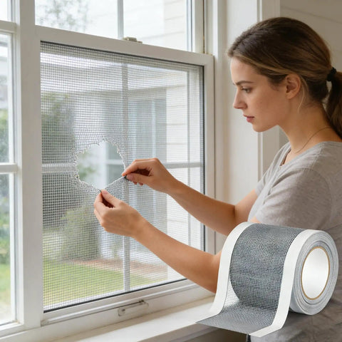 Woman applying Easy Patch Screen Repair Tape Self Adhesive Mesh Patch For Tiny Holes Heavy Duty Window Screen Repair Quick Fix.