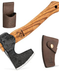 AX6 Go-To Bushcraft Hatchet For Camping And Wood Carving, bearded style axe with ash handle and leather sheath included.