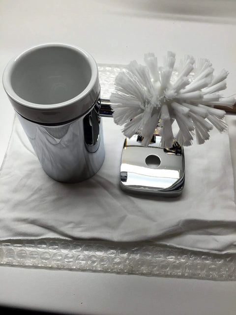 Toilet Brush With Holder Easy Install 16 Inch Chrome Finish Bathroom Accessory With Ceramic Cup And Solid Brass Holder And Durable Nylon Bristles No Fuss For Modern Busy Bathrooms displayed on fabric surface