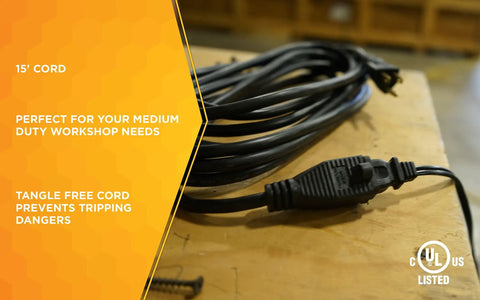 Rugged Indoor Outdoor Extension Cord 15 Foot Heavy Duty 3 Prong With Vinyl Jacket Molded Plugs And Reinforced Blades For Tough As Nails Durable Safe Power Inside And Outside coiled on a workbench.