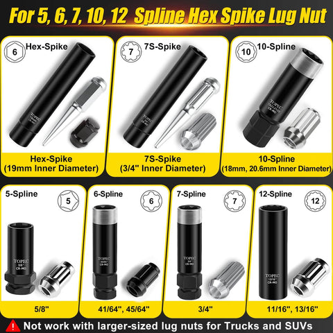 Image showing All In One 11 Piece Lug Nut Key Set With 5 6 7 10 12 Spline And Hex Sockets Universal Wheel Lock Remover Kit labels.