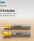 Top Notch Dovetail And Relief Router Bit Bundle showing 1/4" shank dovetail and relief bits on wood surface.