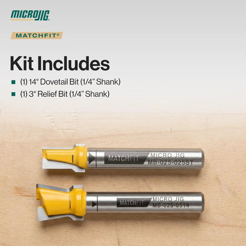 Top Notch Dovetail And Relief Router Bit Bundle showing 1/4" shank dovetail and relief bits on wood surface.