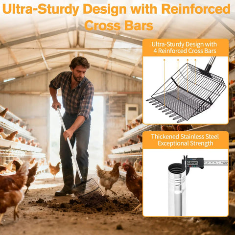 Man using Beefy Heavy Duty Chicken Poop Scooper with Adjustable Long Handle and Stainless Steel Sifter in poultry coop.