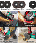 Cordless 18V Angle Grinder With 8500 RPM, 4.0Ah Battery, Fast Charger shown grinding, cutting metal with different discs.