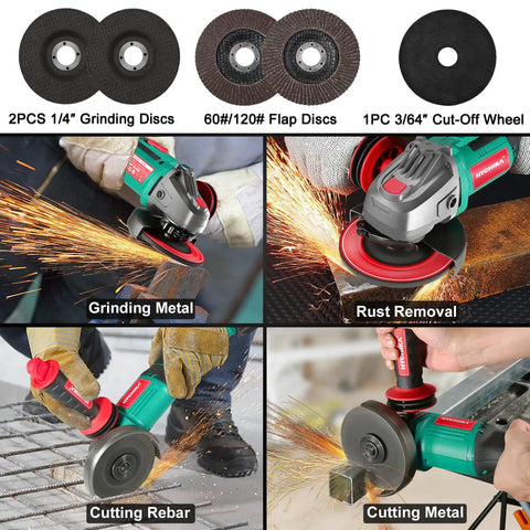 Cordless 18V Angle Grinder With 8500 RPM, 4.0Ah Battery, Fast Charger shown grinding, cutting metal with different discs.