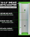 3 to 3.5 inch sheave sleeve/adapter in metal with reinforced yoke arm.