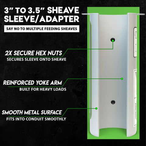 3 to 3.5 inch sheave sleeve/adapter in metal with reinforced yoke arm.