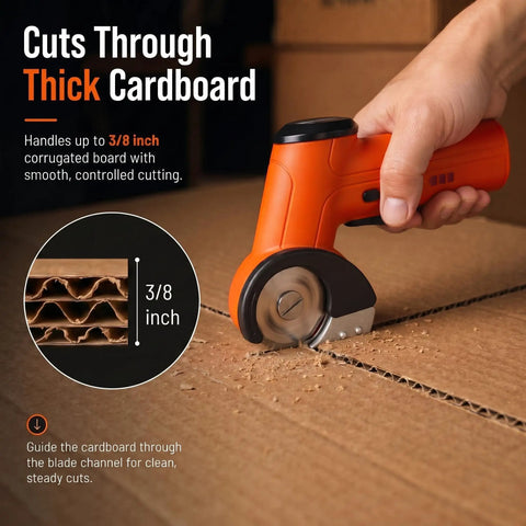 Cordless Electric Cardboard Cutter 3/8 Inch Blade For Thick Shipping Boxes And Cartons powerfully slices through corrugated cardboard.