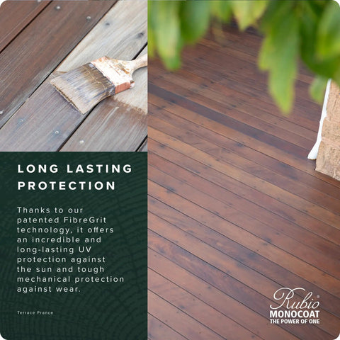Image showing wooden deck with brush using DuroGrit Outdoor Wood Oil Stain And Sealer In Foxy Brown One Layer UV Protection.